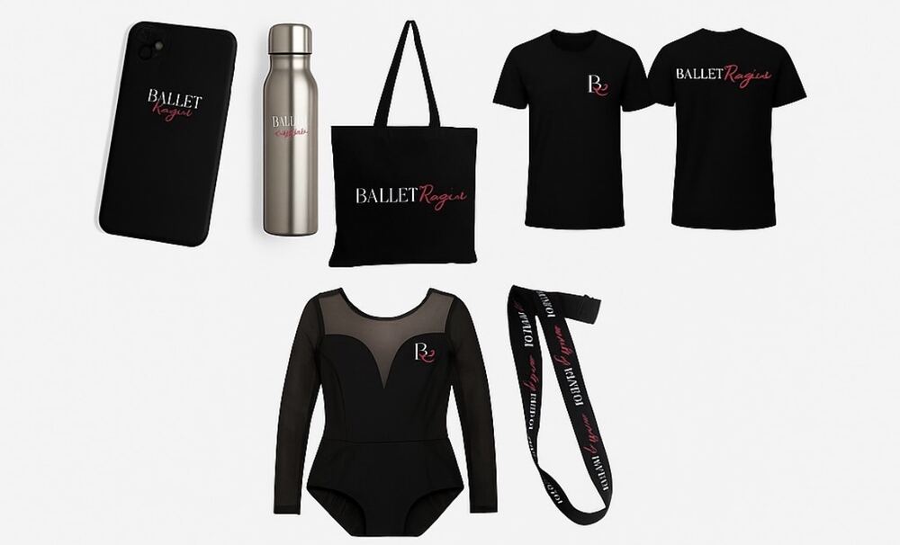 Ballet Rogue merch: the logo transfer on a phone case and a drink bottle, a tote bag, the tee front and back, a long-sleeve leotard and a lanyard